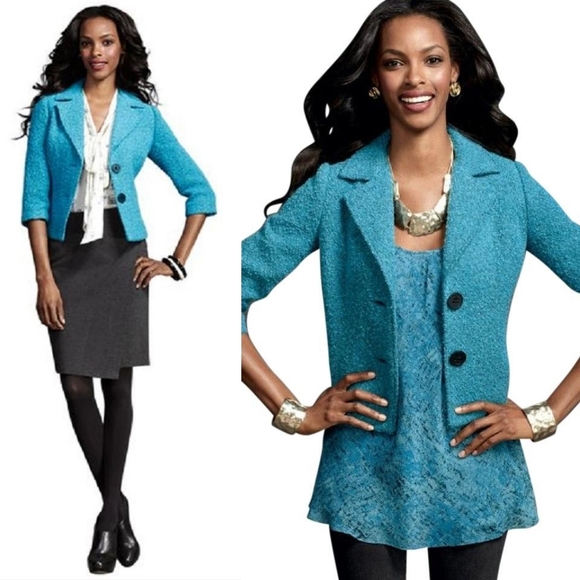 CAbi Charming Jacket Teal Boucle Wool Blend Blazer - Picture 2 of 9